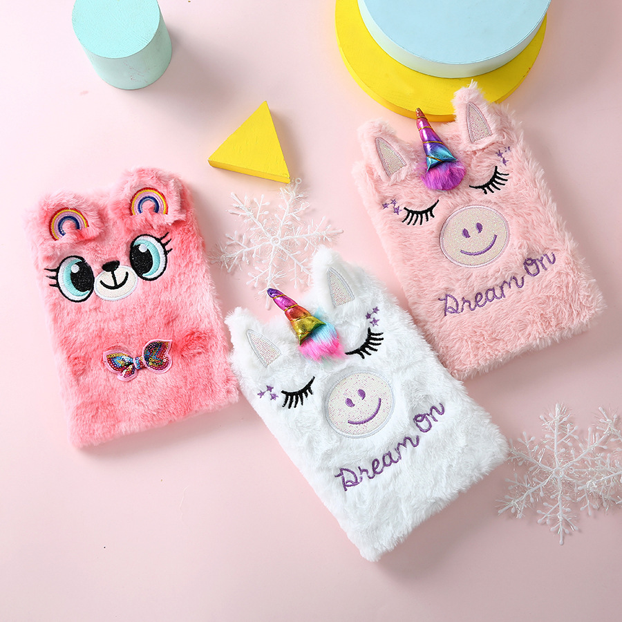 unicorn Winter Cartoon Diary, Colorful sharp-cornered Unicorn Children's Plush Notebook, Student Handbook for Girls