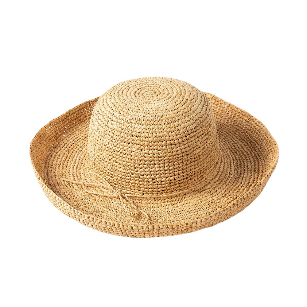 Spring And Summer New Fashion Casual Tie Rope Hand Crochet Dome Rolled Edge Raffi Straw Hat Outdoor Sun Protection Hat Women Item Picture