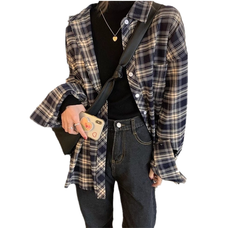 Net Red Explosive Design Sense Small Long Sleeve Shirt Women Spring Summer Vintage Plaid Shirt Loose Casual Coat Item Picture