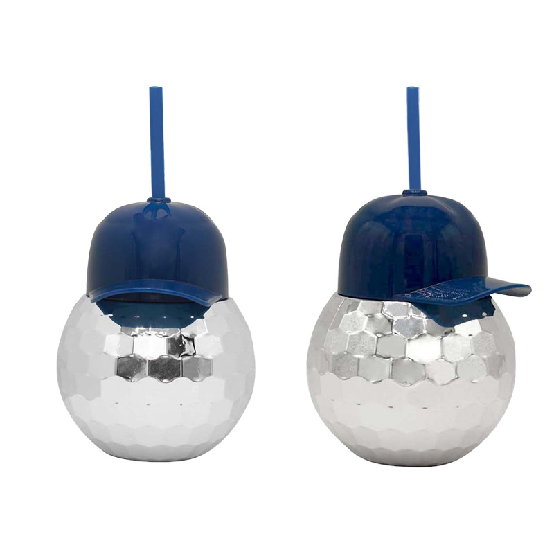 8607跨境新品棒球帽电镀水杯discoball鸭舌帽圆球吸管杯塑料杯迪斯科