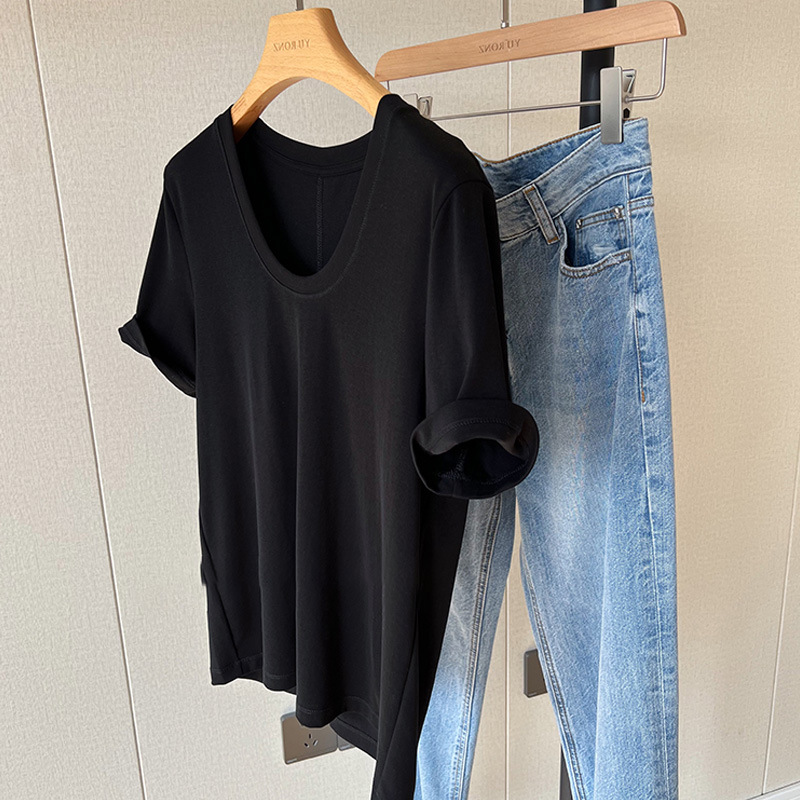 U Collar Back Seam Basic Solid Color Pima Cotton Fresh Soft Waxy Simple Short Sleeve T-Shirt Women 2022 Spring/Summer Generation Specification drawing