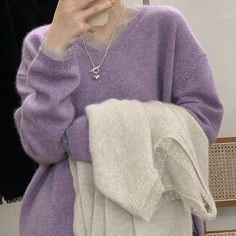 秋冬2022年新款韩版慵懒风宽松外穿紫色毛衣女洋气很仙V领针织衫