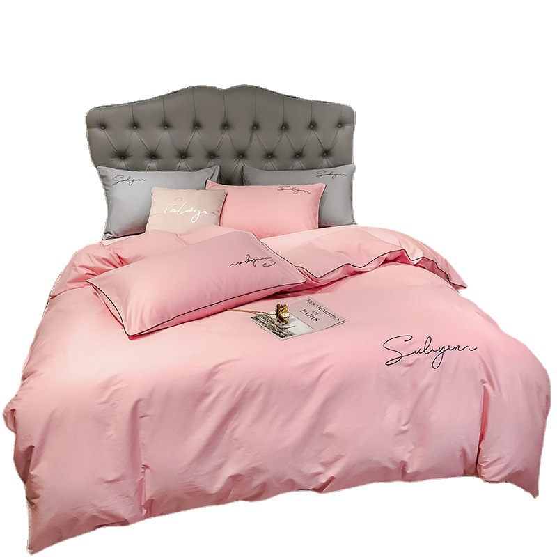 Ins Spring And Summer Solid Color Double Cotton Four-Piece Set Simple Plain Cotton Embroidered Flower Bed Sheet And Quilt Set For Bed Item Picture