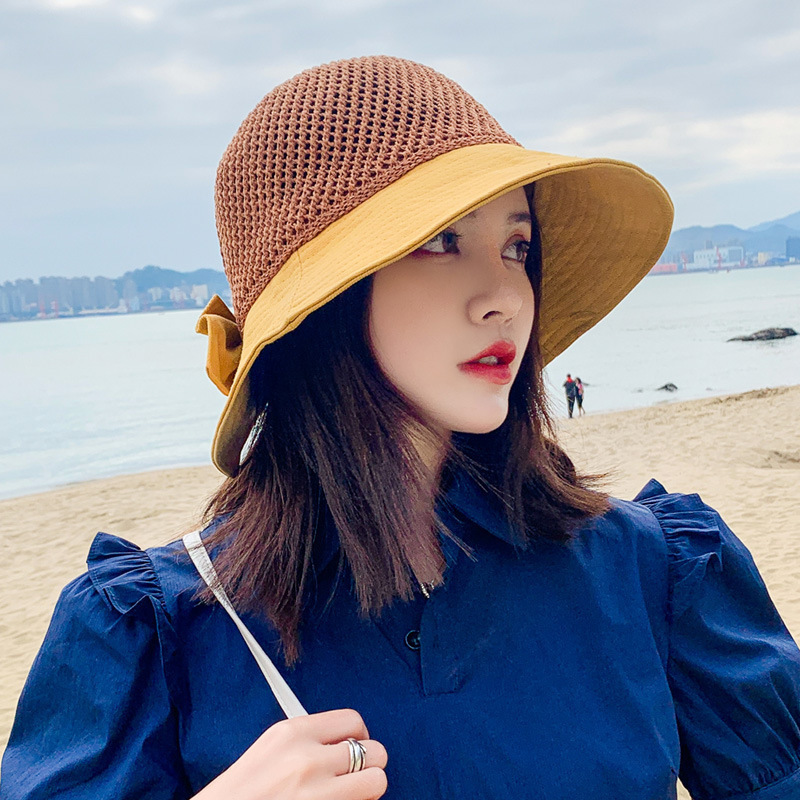 Hat Women's Spring Summer Fashion Sunblock Hat Mesh Woven Fisherman Hat Bow Sun Hat Wholesale Specification drawing