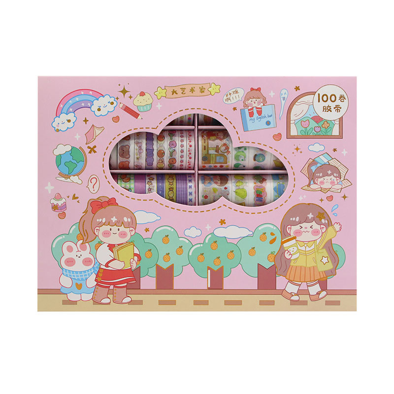 100 rolls of non-repetitive planner set gift box, cute and girlish heart, and wholesale of paper tape planner material stickers and paintings Item Picture