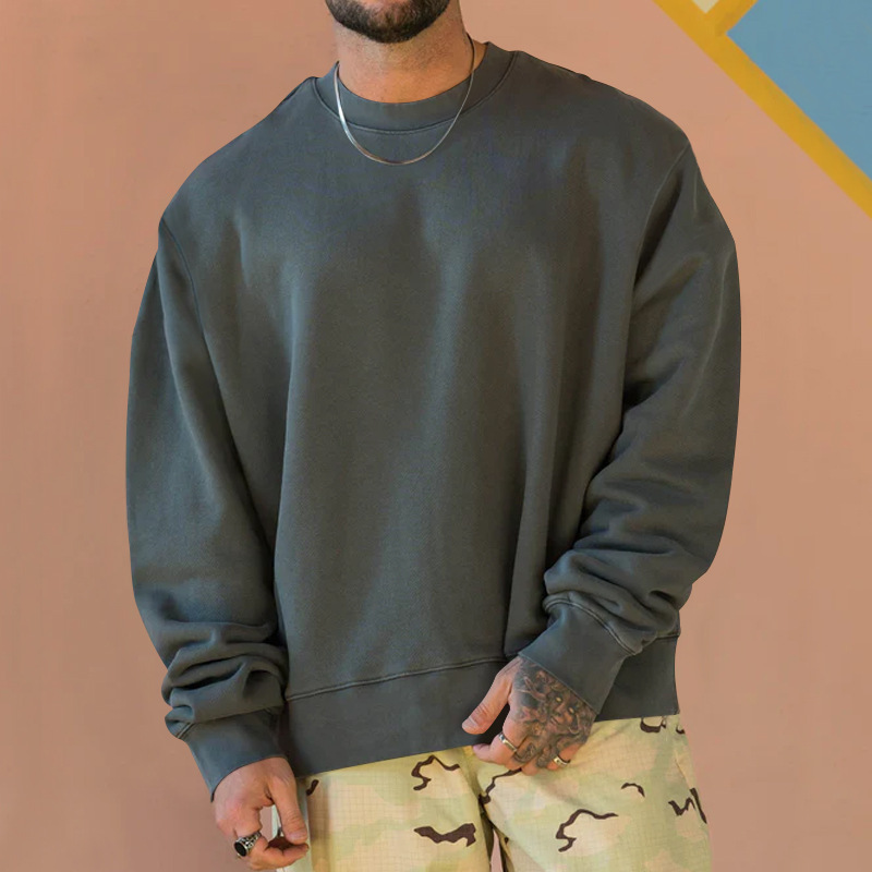 Cross-border men's hoodie, autumn loose, large-sized solid color round-neck hoodie, men's fur loop fabric, versatile, sporty and trendy coat Specification image