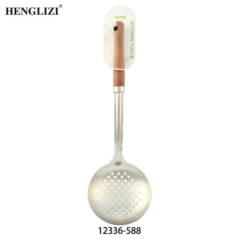 Cross-border household stainless steel spatulas, soup spoons, frying spatulas, strainers, non-stick pans, small waist, wood-grain handles, kitchenware details Picture