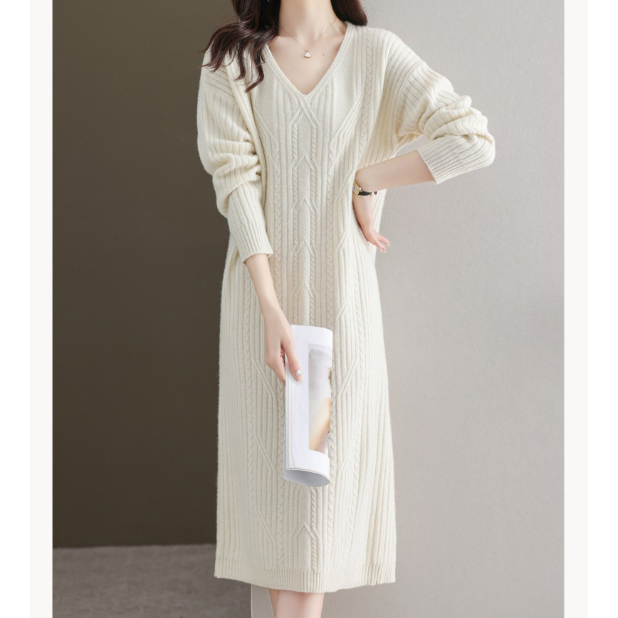 Vestido de punto de cuello en v mujeres otoño invierno temperamento linger transfronterizo comercio exterior largo medio suelto tamaño grande vestido de suéter