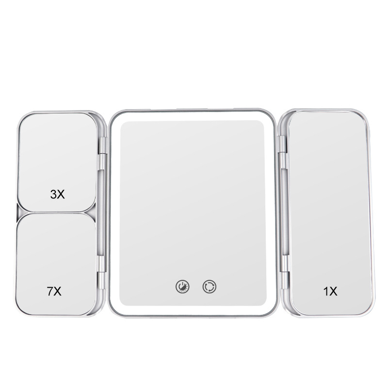 Cross-border multi-functional three fold makeup mirror Table style LED mirror with 7x magnifying mirror Wall hanging Vanity mirror with light Item Picture