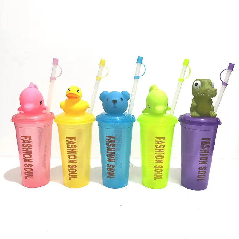 Ins Creative Cute Cartoon Fruit Straight Drink Straw Water Cup Animal Head Space Juice Bottle Can Print Logo details Picture