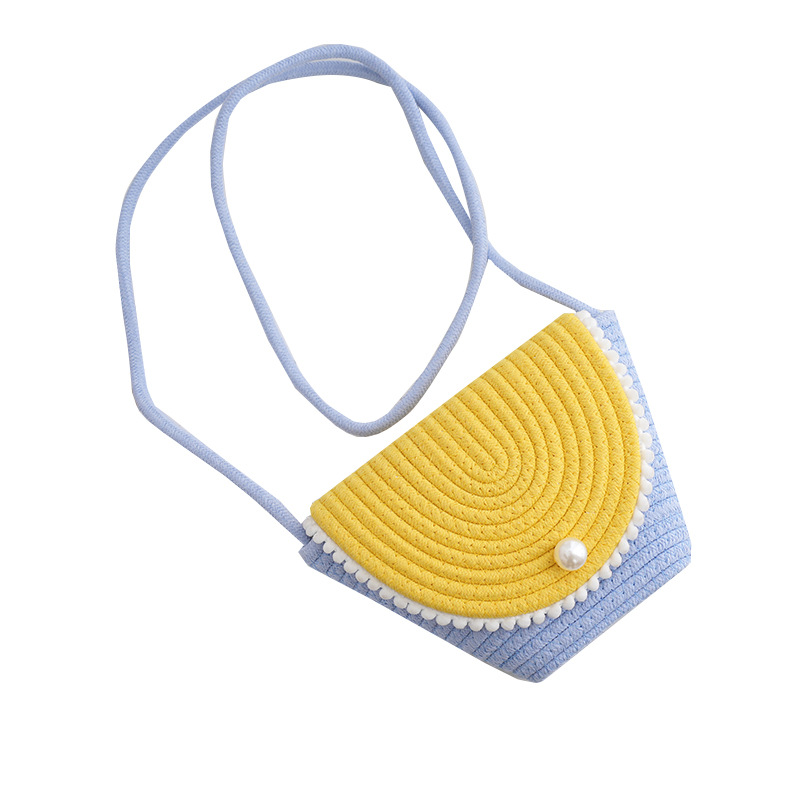 New handcrafted cotton rope woven bag, color-blocked pearl button crossbody bag, cute girl's color-blocked beach bag, women's bag Item Picture