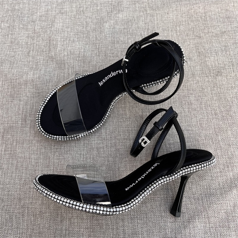 2023 Rhinester High Heels For Women 2023 Spring/Summer Transparent Ribbon Satin One-Line Buckle Letter Stiletto Sandals For Women details Picture