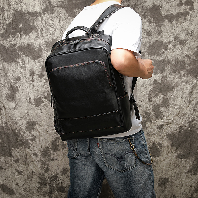 Leather travel backpack with large capacity, men's top layer cowhide backpack, retro casual men's business computer bag trend