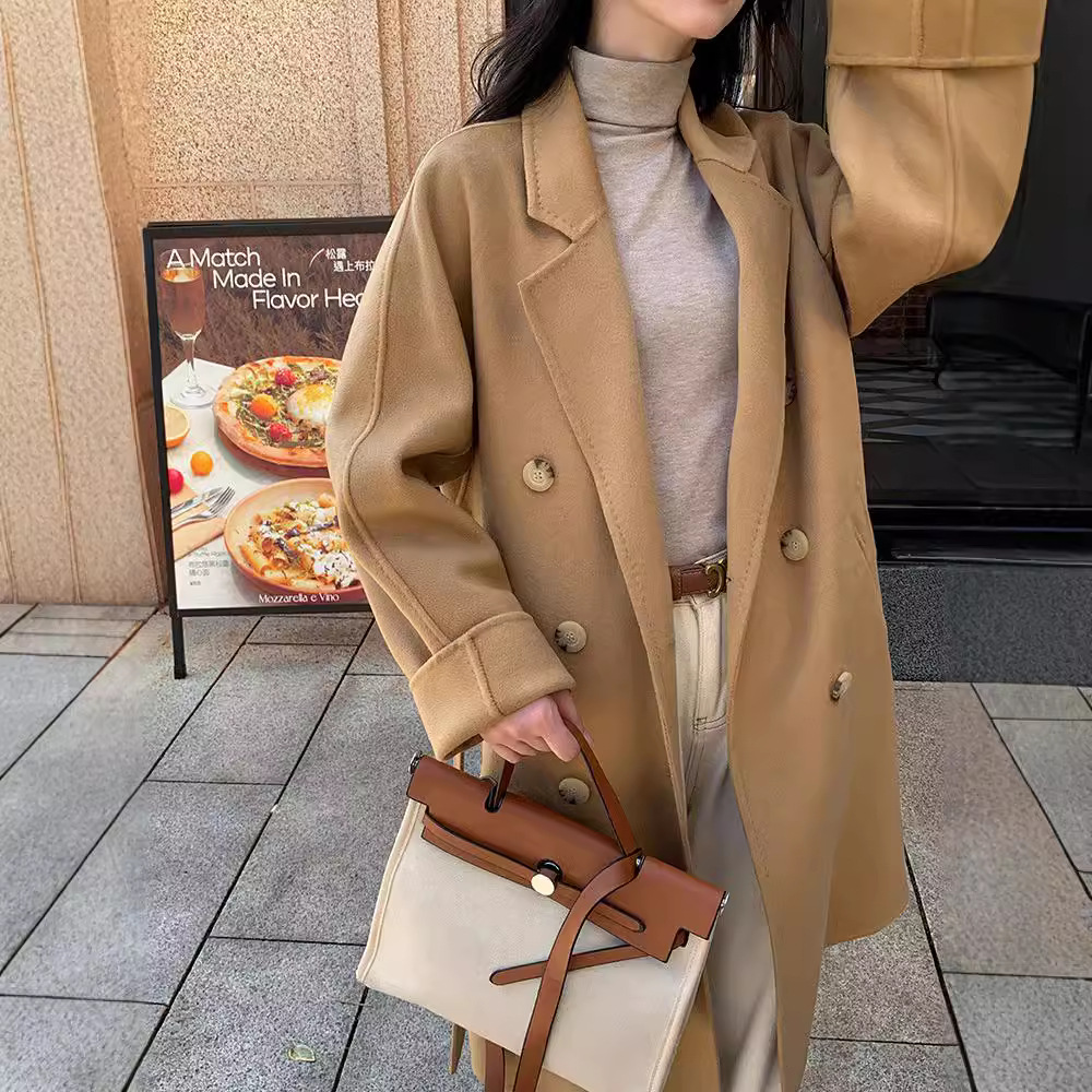 10% cashmere double-sided cashmere coat, women's belt, medium length M Family 801 loose autumn and winter wool woolen coat details Picture