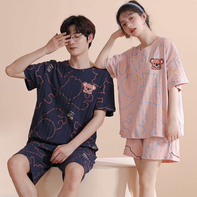 New couple short-sleeved shirts, shorts, pajamas, women's summer thin combed cotton, men's home wear sets, loose, casual and cartoon Application Scenario