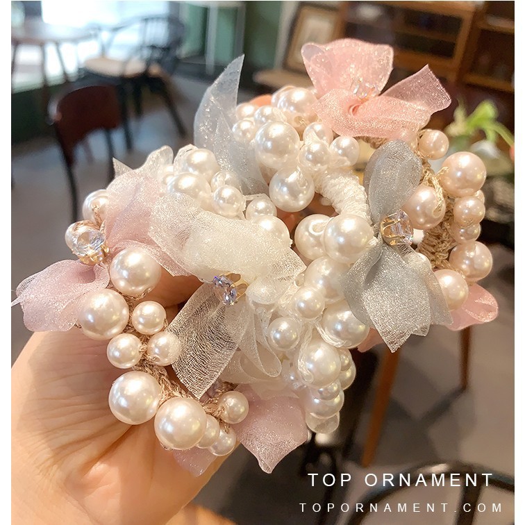 韩国发圈头绳满珍珠串珠花朵橡皮筋时尚气质简约盘马尾丸子头发绳