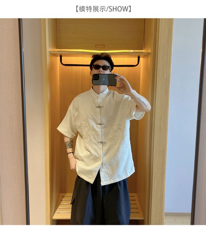 国潮新中式提花立领短袖衬衫男夏季复古暗纹肌理盘扣中山装上衣服详情3