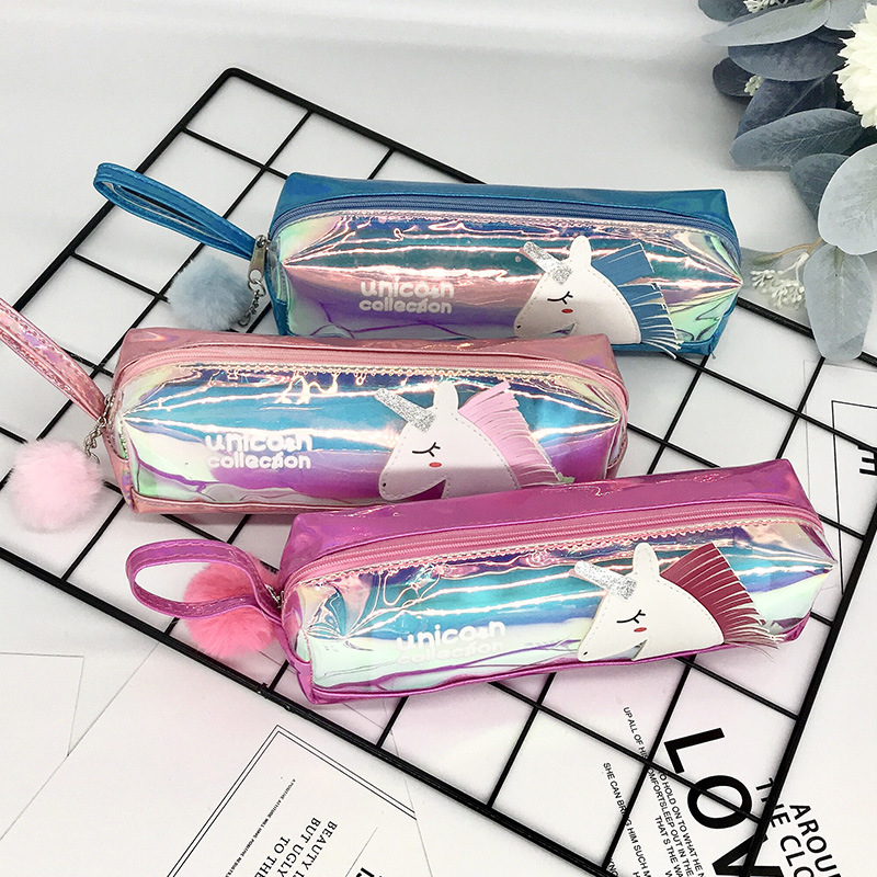 Cute and colorful fringed laser unicorn transparent pencil case with hairball, simple and creative student stationery box Specification image