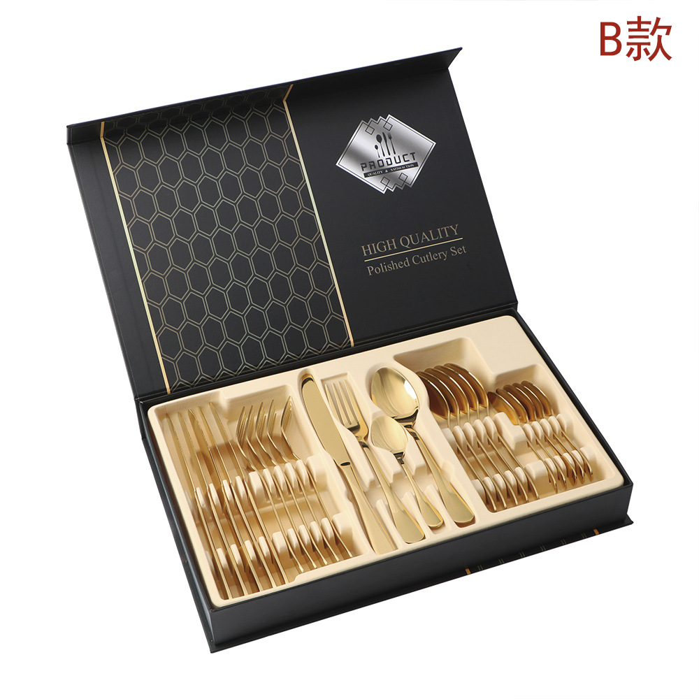 Cross-Border Amazon Hot 1010 Stainless Steel Tableware 24-Piece Tableware Steak Knife, Fork And Spoon Gift Box details Picture