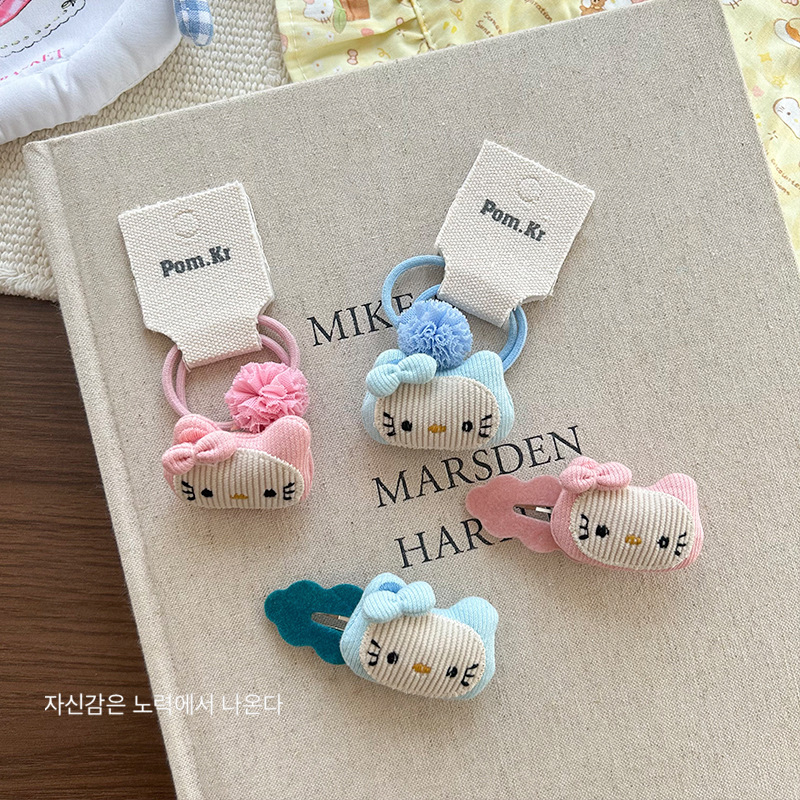 Cute cartoon children's hair ties, KT cat three-dimensional pom-pom hair bands, hair clips, girl student bangs, side clips details Picture