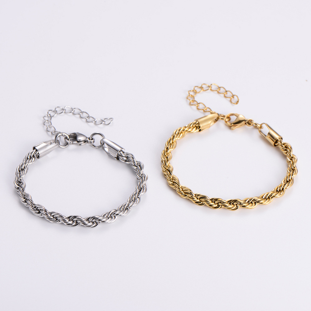 In stock: Hip-hop accessories for both men and women, 5mm wide stainless steel electroplated 18k gold twist chain bracelet, fashionable ladies' decorative jewelry Specification image