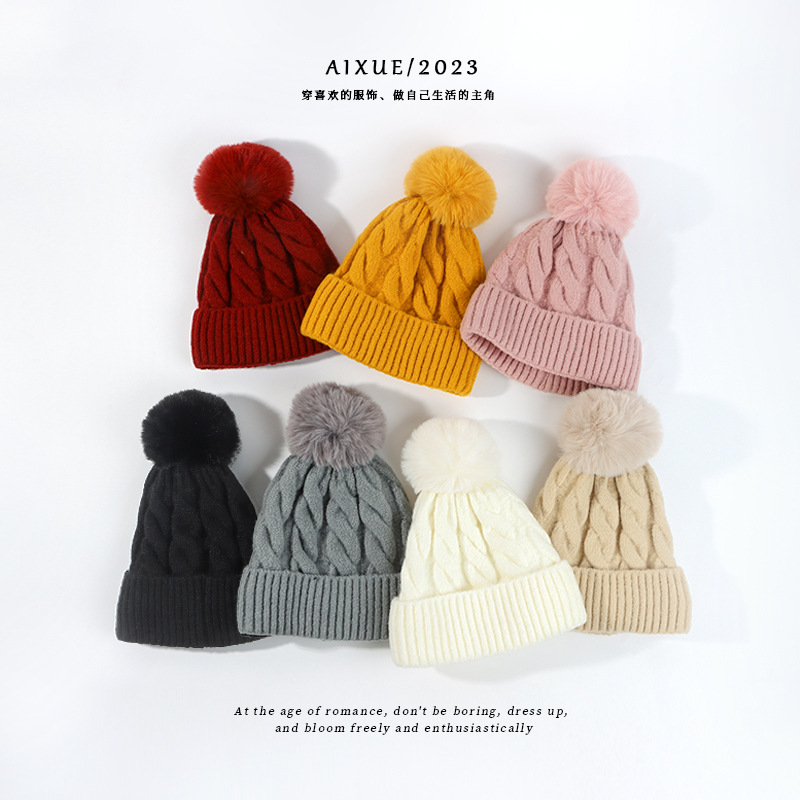 New plus fluffy ball twist woolen hat thickened warm hat with ear protection knitted hat with fashion cold hat woman