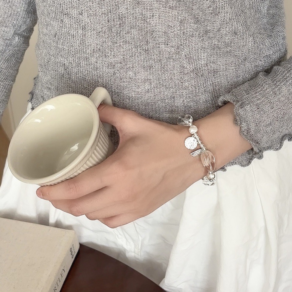 S925 sterling silver white crystal brushed cat's eye round brand bracelet, fashionable INS style elastic rope, niche design women's bracelet Item Picture