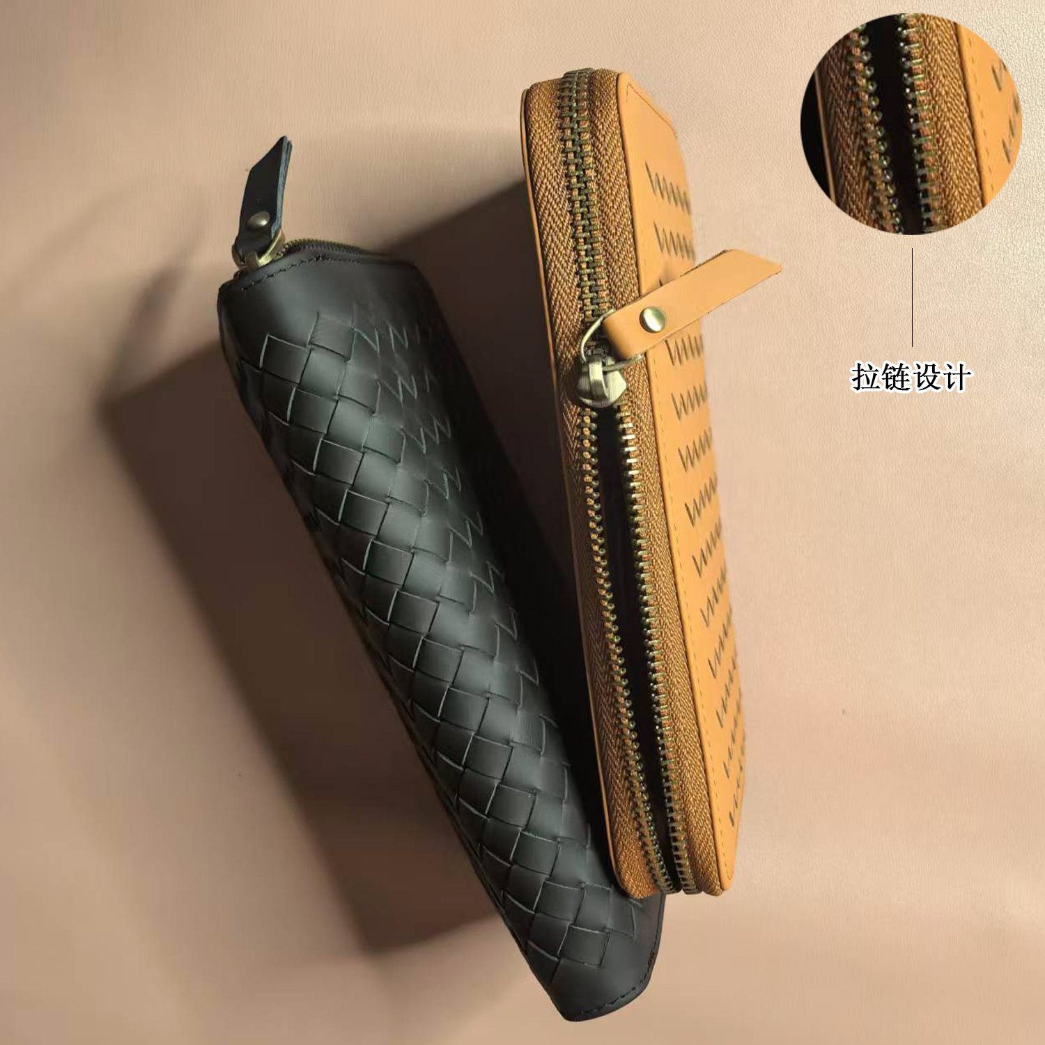 男士编织头层牛皮拉链男女款钱包真皮钱夹多卡位手抓商务旅行包