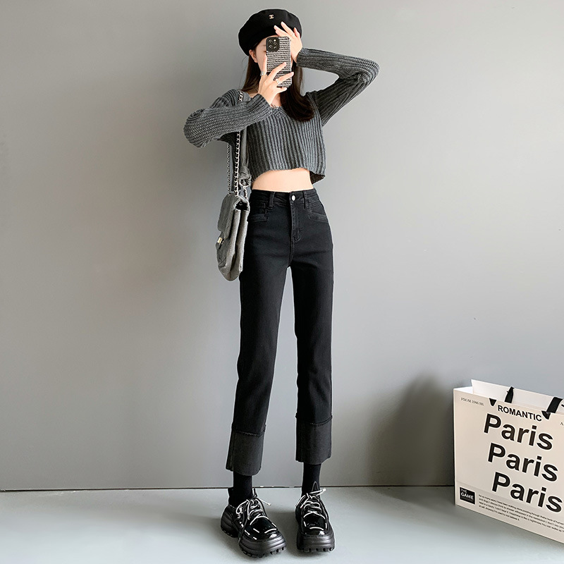 Rolled-up high-waisted straight-leg jeans for women, Spring 2024 new Korean style stretch slimming 8-inch and 9-inch long pants Application Scenario