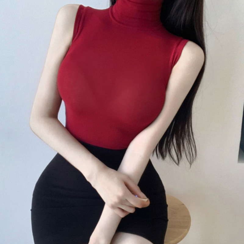 韩国东大门四季新款女士紧身性感高领微透无袖t恤背心打底上衣