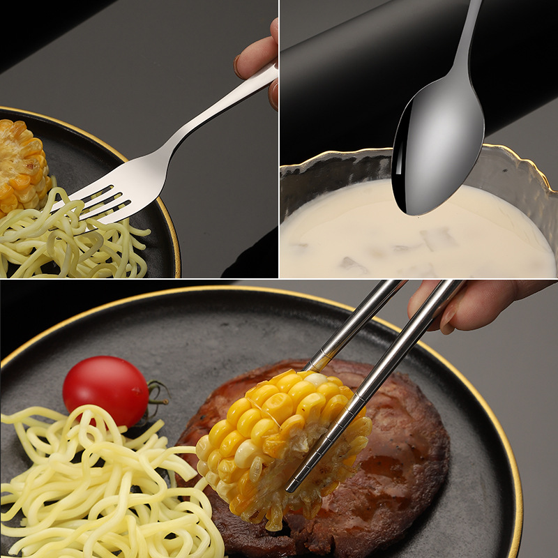 Portable stainless steel tableware set of spoons, forks and chopsticks, student activity and travel tableware set, gift LOGO Application Scenario