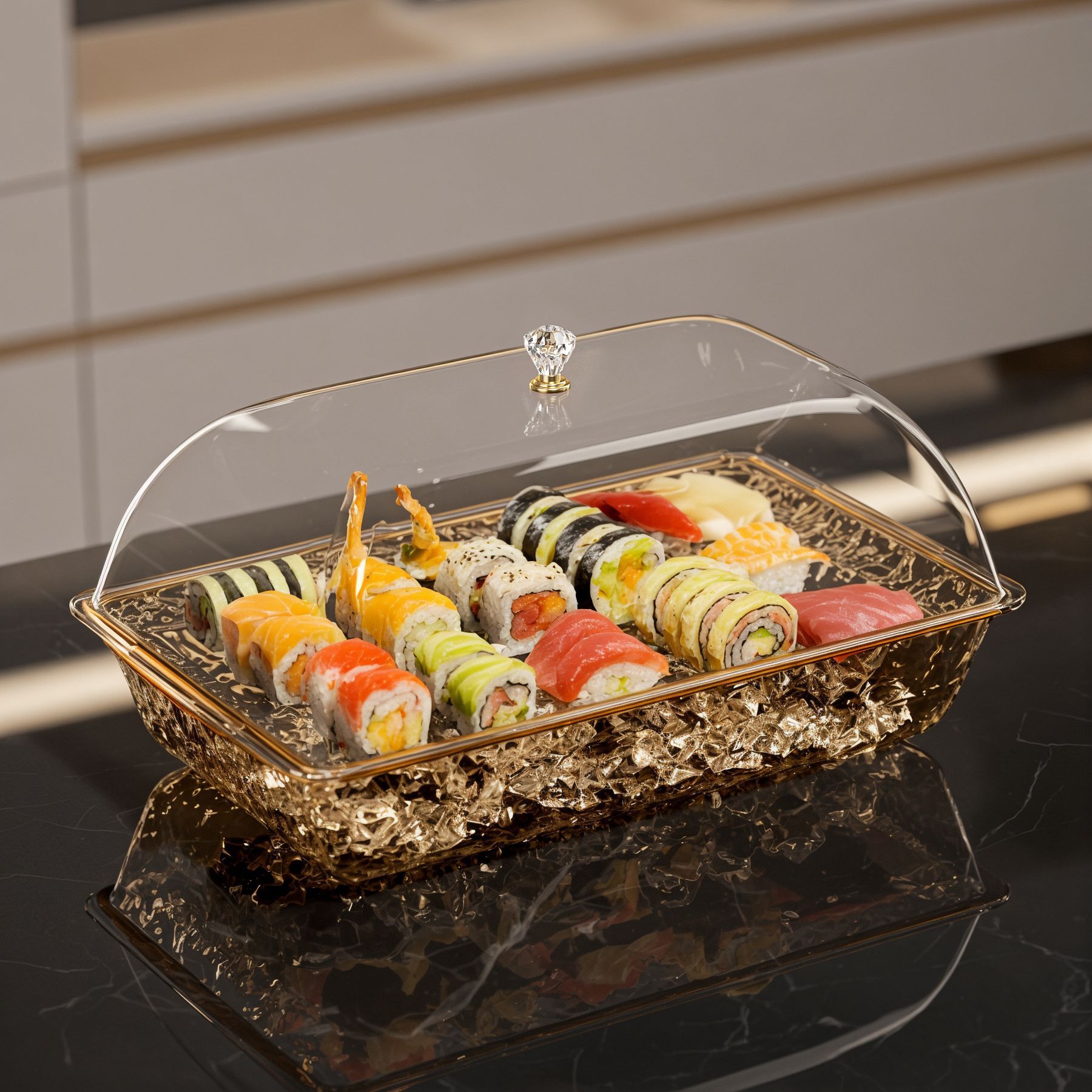 酒店刺身保鲜盒水波纹带冰块冷藏水果保鲜盒大号寿司盘带防尘盖