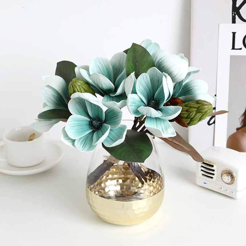 New three-branch magnolia artificial flower potted plants, hand-held magnolia flower shooting props, artificial plant bonsai wholesale Specification image