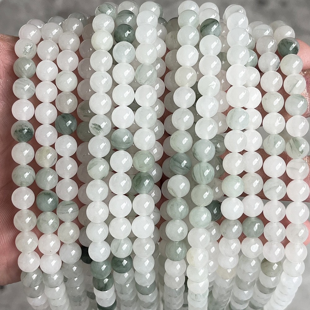 天然新疆天山翠玉飘花散珠冰翠玉手链半成品圆珠diy饰品配件批发
