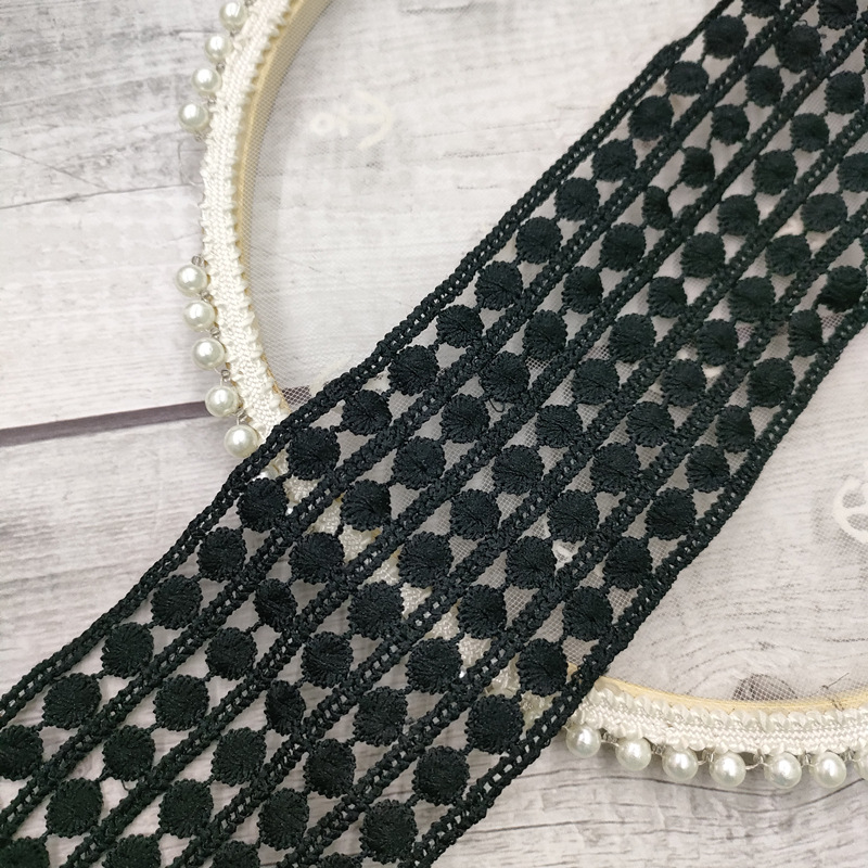 Manufacturers Direct Embroidery Lace Bar Code Black Polyester Milk Silk Hollow Five Drainage Lace Garment Accessories details Picture
