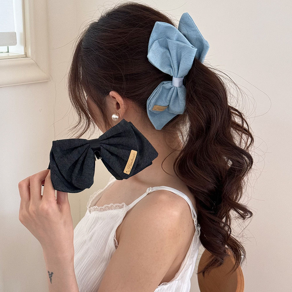 Autumn and winter style bow hair accessory, women's hair bun, banana clip, bun, high ponytail, elegant denim, versatile hair clip details Picture