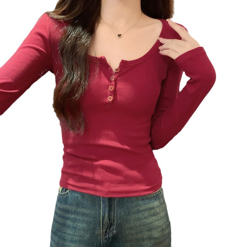 Long Sleeve T-Shirt Women U Tie Buckle Early Spring Design Sense Modal Thread Inside With Sexy Pure Desire Base Top Item Picture