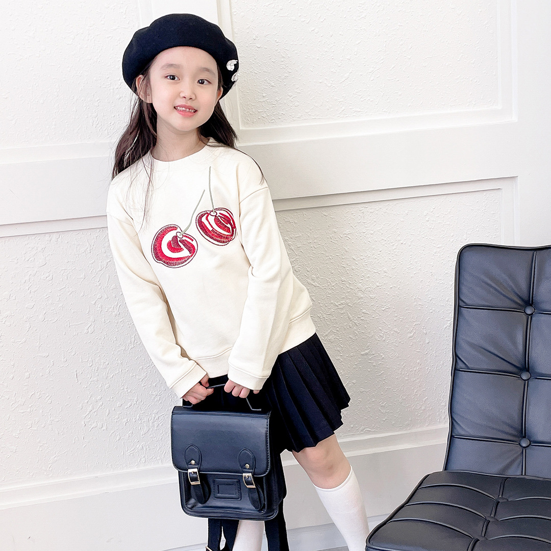 Sikke 22 otoño invierno niña 100% algodón cereza grande bordado lazo sudadera arroz blanco cute manga larga cuello redondo top Specification image