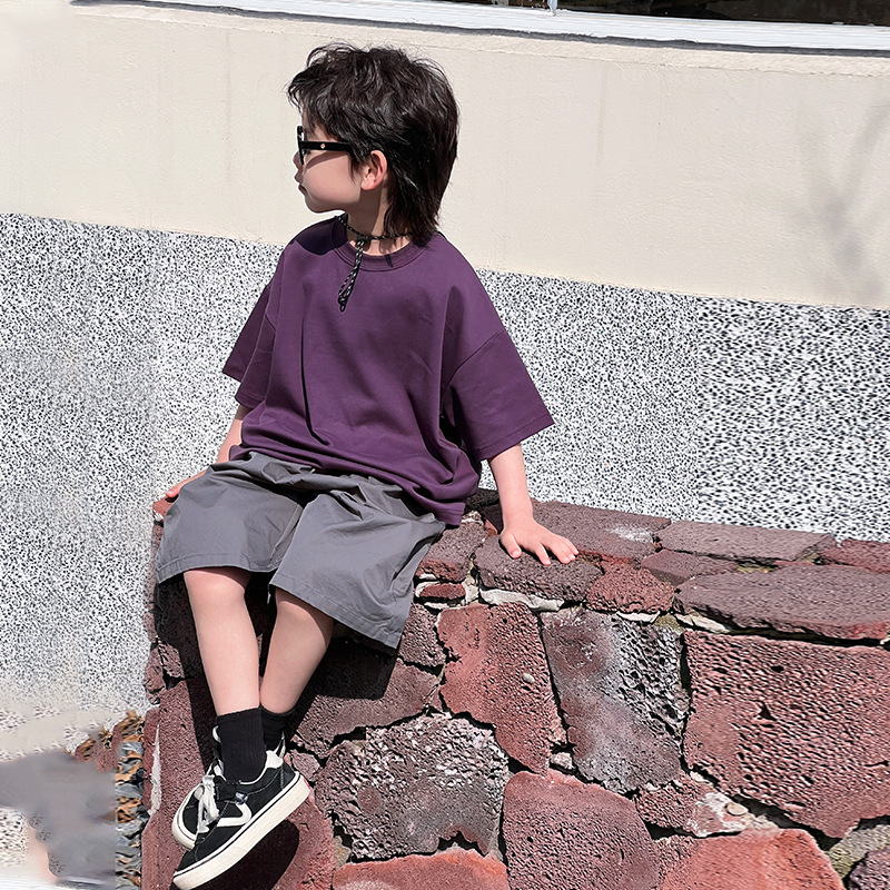Children's clothing, boys' short-sleeved T-shirt 2024 Summer New collection, Korean version children's solid color round neck half-sleeved T-shirt summer clothing wholesale details Picture