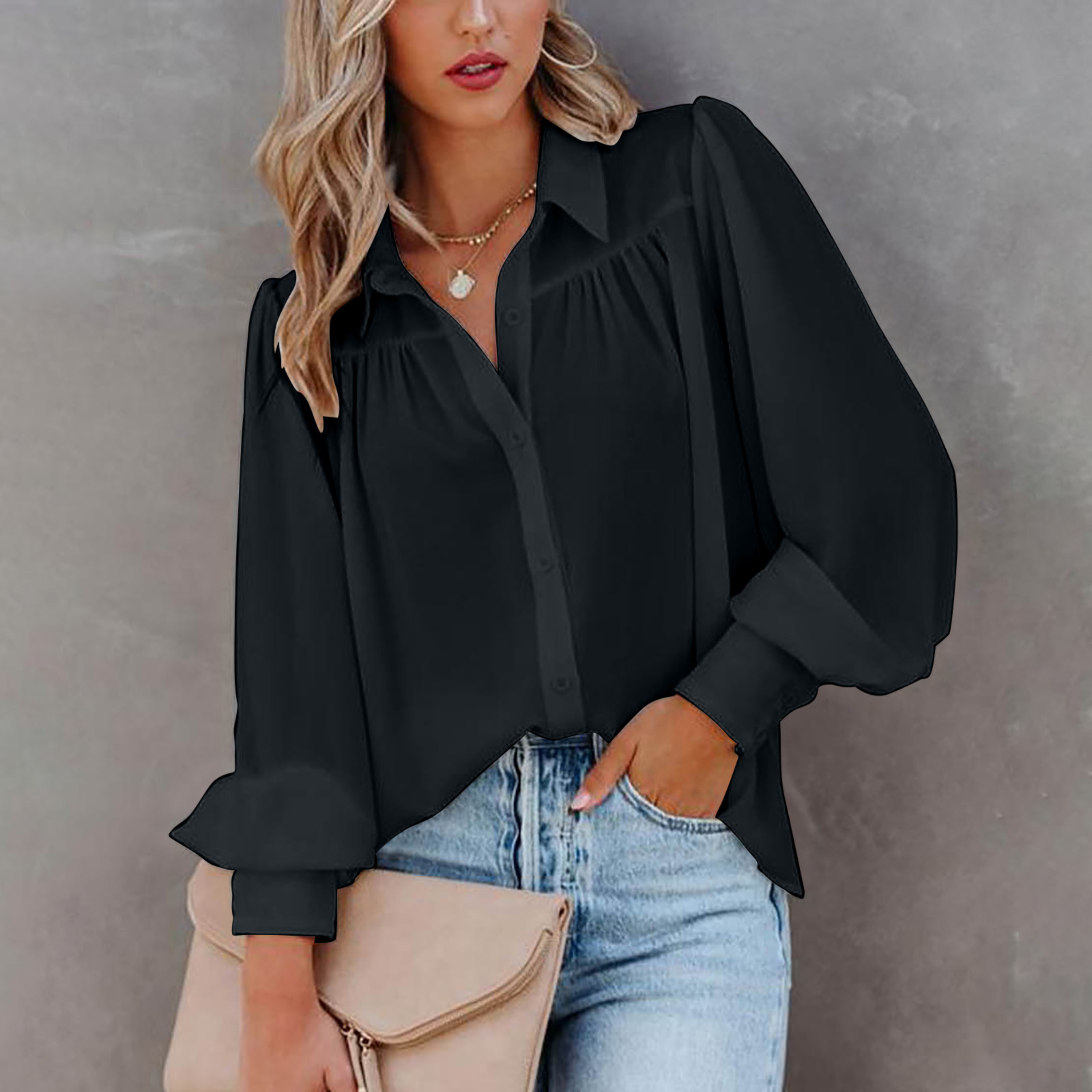 Aladdin Cross-border women's long-sleeved button-up top, soft and comfortable, lantern sleeve pleated solid color stand-up collar loose shirt Application Scenario