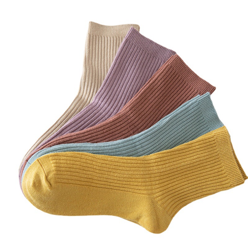 23 Summer New New Women's Double Needle Socks Solid Color Fine Strip Casual Mid-Tube Women's Socks Thickened Warm Autumn And Winter Cotton Socks Wholesale Item Picture