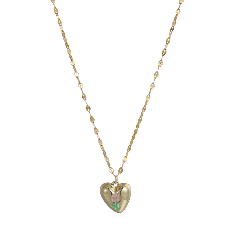 Pink square diamond tulip heart-shaped pearl necklace with a high-end feminine touch, a niche collarbone chain, sweet and cool, and a layered neck chain for a hot girl Item Picture
