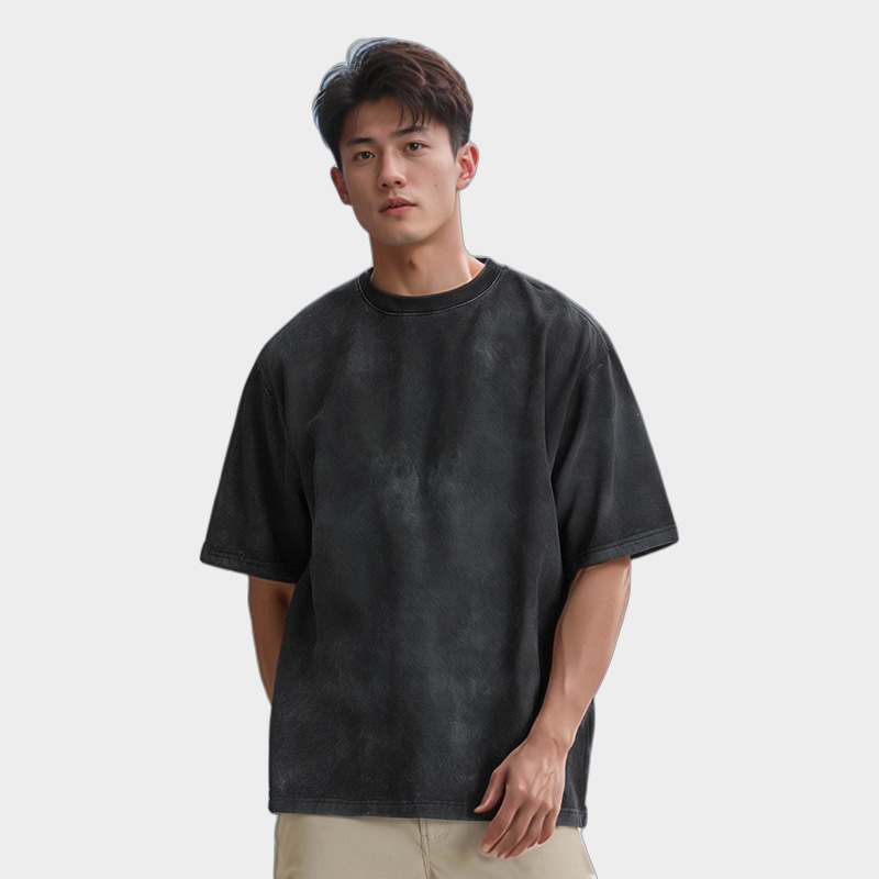 230g heavy pure cotton batik washed and aged stir-fried snowflake short-sleeved T-shirt drop shoulder, retro street loose custom Specification image