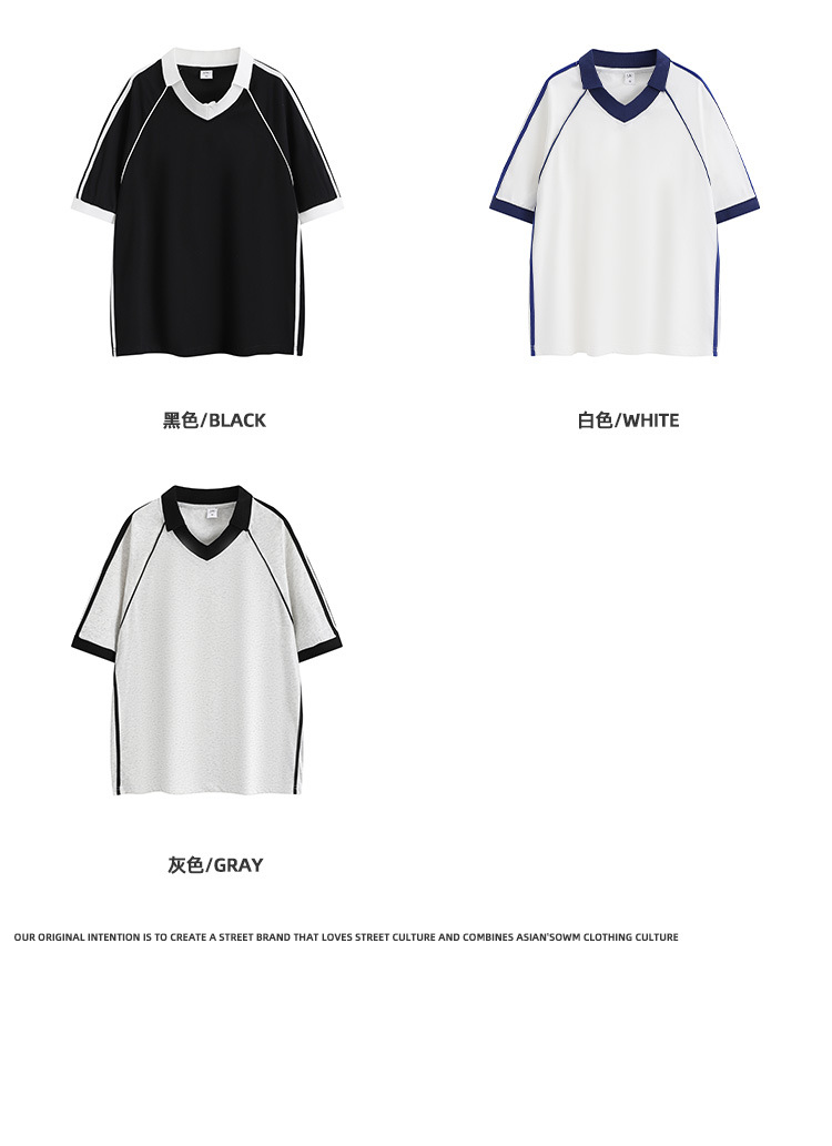 夏季260g翻领插肩明线条T恤男女同款学院风休闲半袖重磅T恤批发详情4