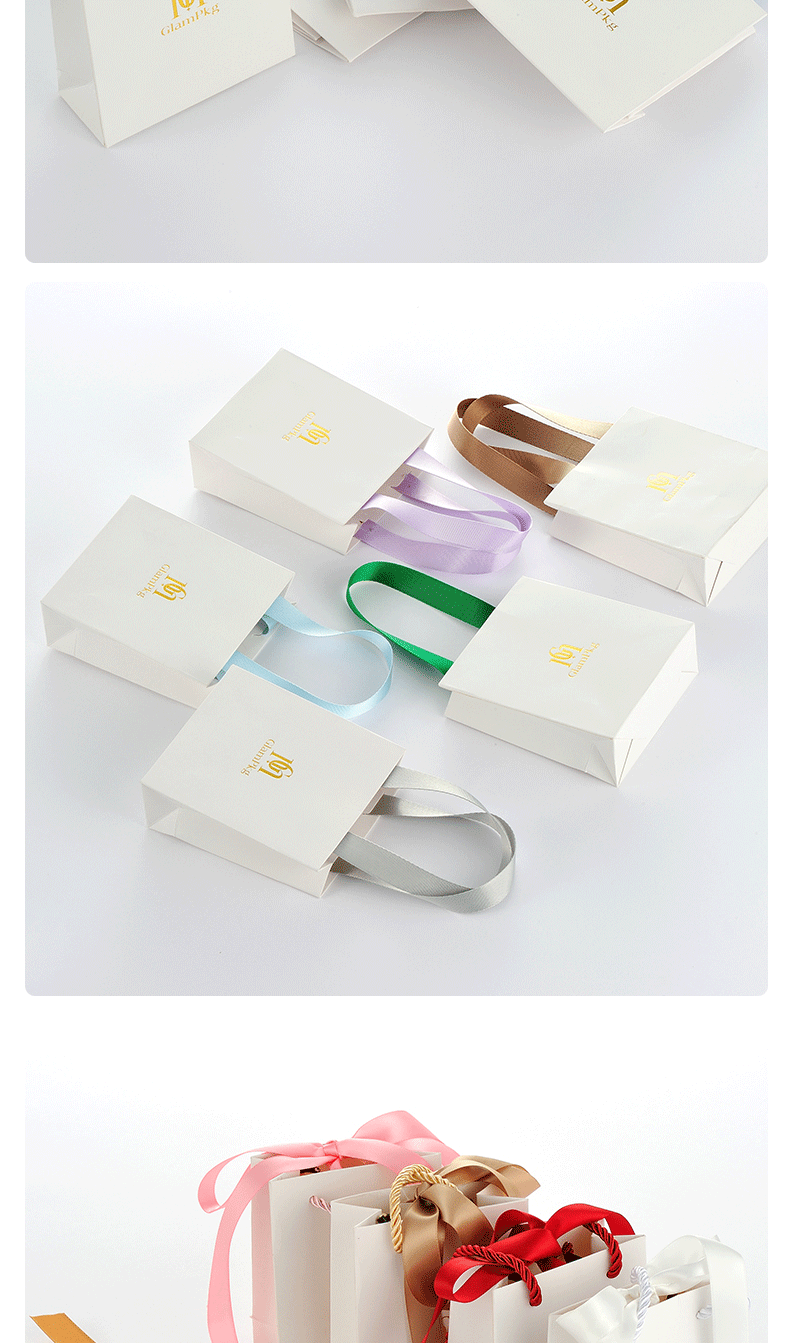 The cross-border bestseller white hand-held paper bag jewelry packaging has been replaced with a ribbon bow, a commercial small gift bag with a high appearance level pic 9