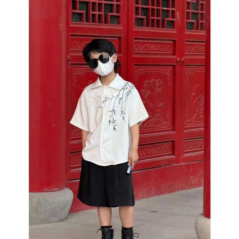 New Chinese-style summer shirt set for boys, bamboo print short-sleeved loose casual top, trendy two-piece set