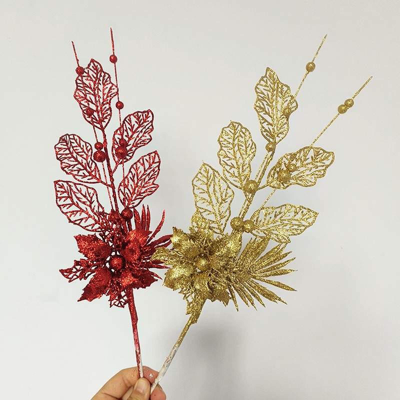 Christmas Decoration Gold Powder Lily Combination Decorative Tree Branches Christmas Tree Plug-In Atmosphere Supplies Simulated Tree Berries details Picture