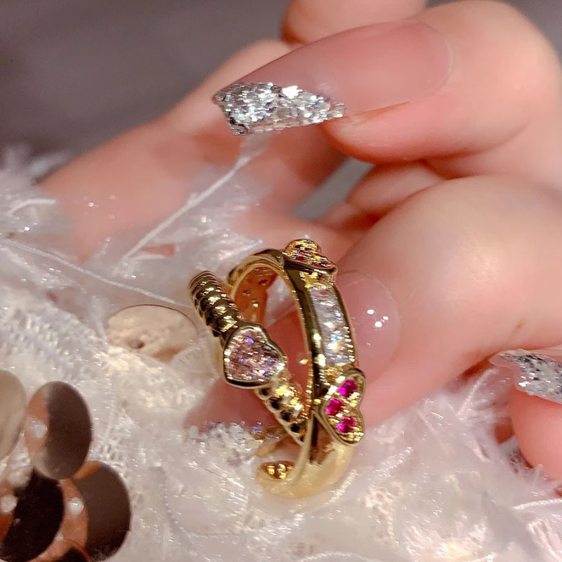 美拉德风小众设计感法式复古爱心叠戴锆石戒指女轻奢时髦百搭指环