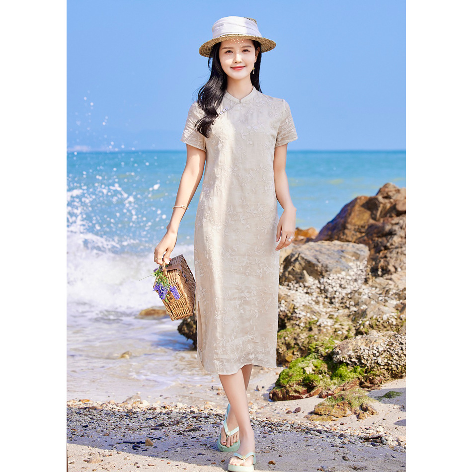 2022 Summer New Style ramie embroidery women's travel artistic stand-up collar short-sleeved mid-length dress for women Specification image
