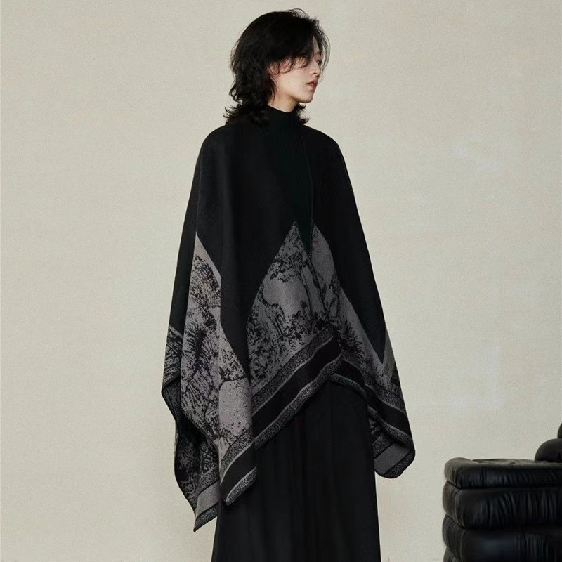 Simple 2024 Niche Imitation Cashmere Dark Split Cape Autumn Winter Warm Men And Women Double-Sided National Wind Shawls Scarf Specification drawing